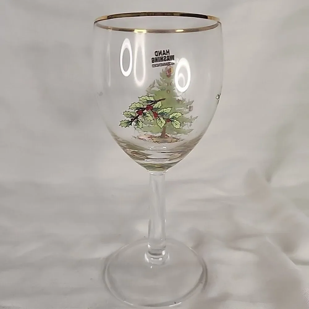 Spode Christmas Tree Wine Glasses 13 Ounce with Gold Rims, Set of 4 NEW